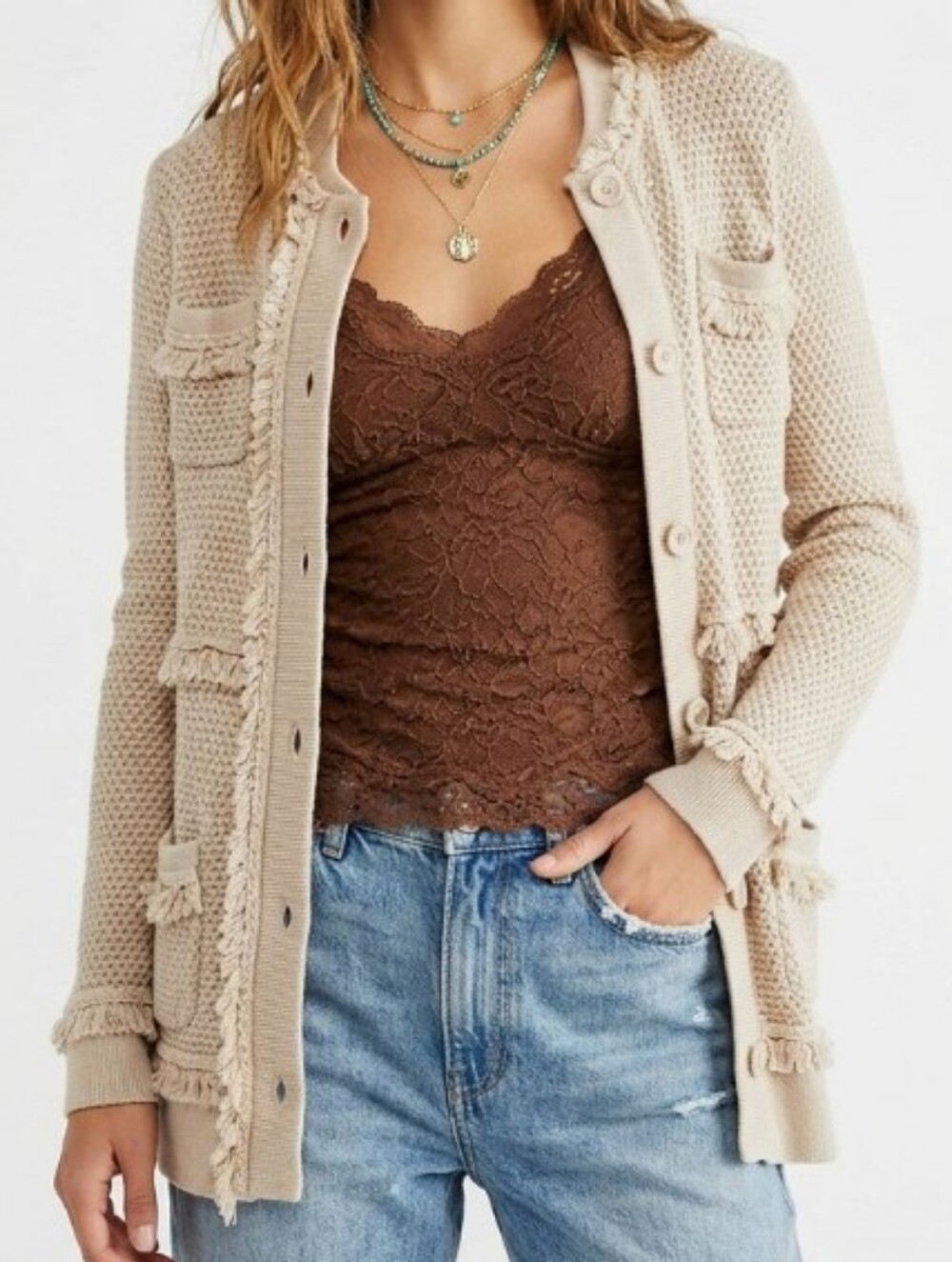 Neutral Beige Fringe-Trim Knit Cardigan Jacket - Picture 9 of 9